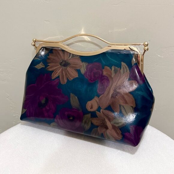 Floral Print Cowhide Leather Handmade Double Kisslock Top Handle Bag/Crossbody - Picture 11 of 15